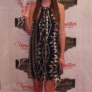 One Clothing Black Metallic Geometric Halter Tunic Dress